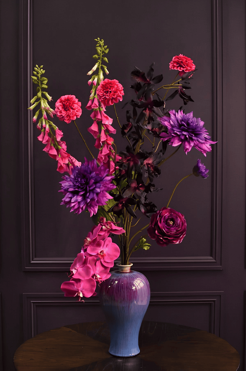 Vivid Garden Petite bouquet featuring bold colors in blues, purples, and oranges with real touch flowers, perfect for adding vibrancy to intimate spaces in Ibiza.