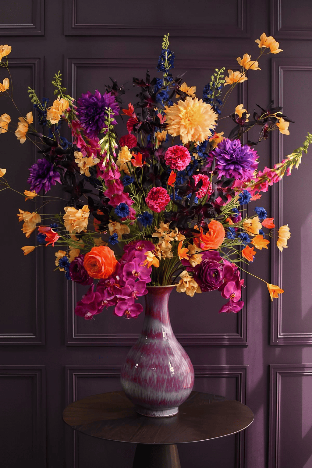 Vivid Garden bouquet featuring a striking mix of bold colors, including blues, oranges, and purples, with real touch dahlias and ranunculi, designed for luxury interiors and events in Ibiza.