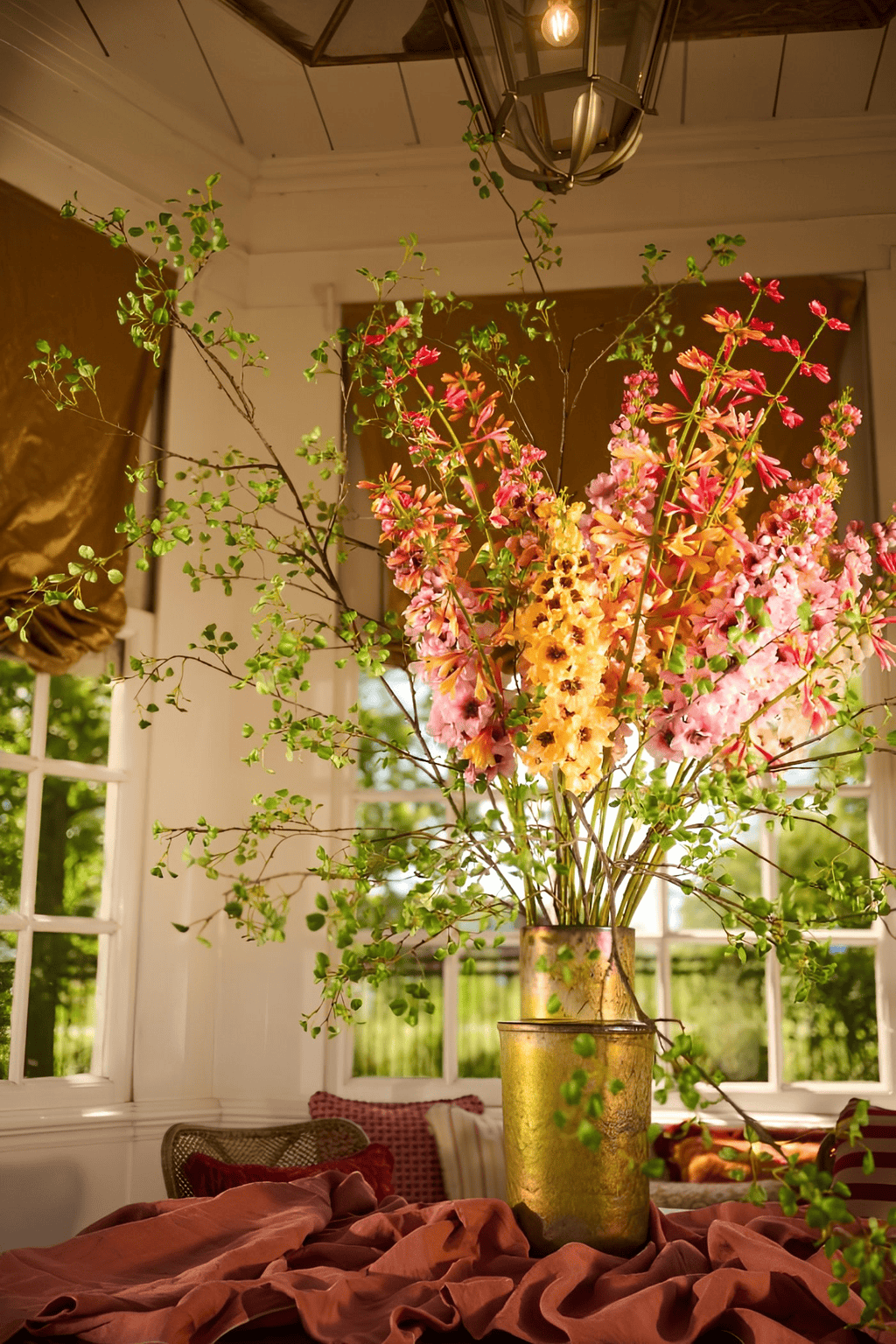 Elegant tall bouquet on a table with ruffled fabric featuring colourful stems in lavender, peach and pink tones complemented by lush leaf sprays embodying bohemian Ibiza interiors