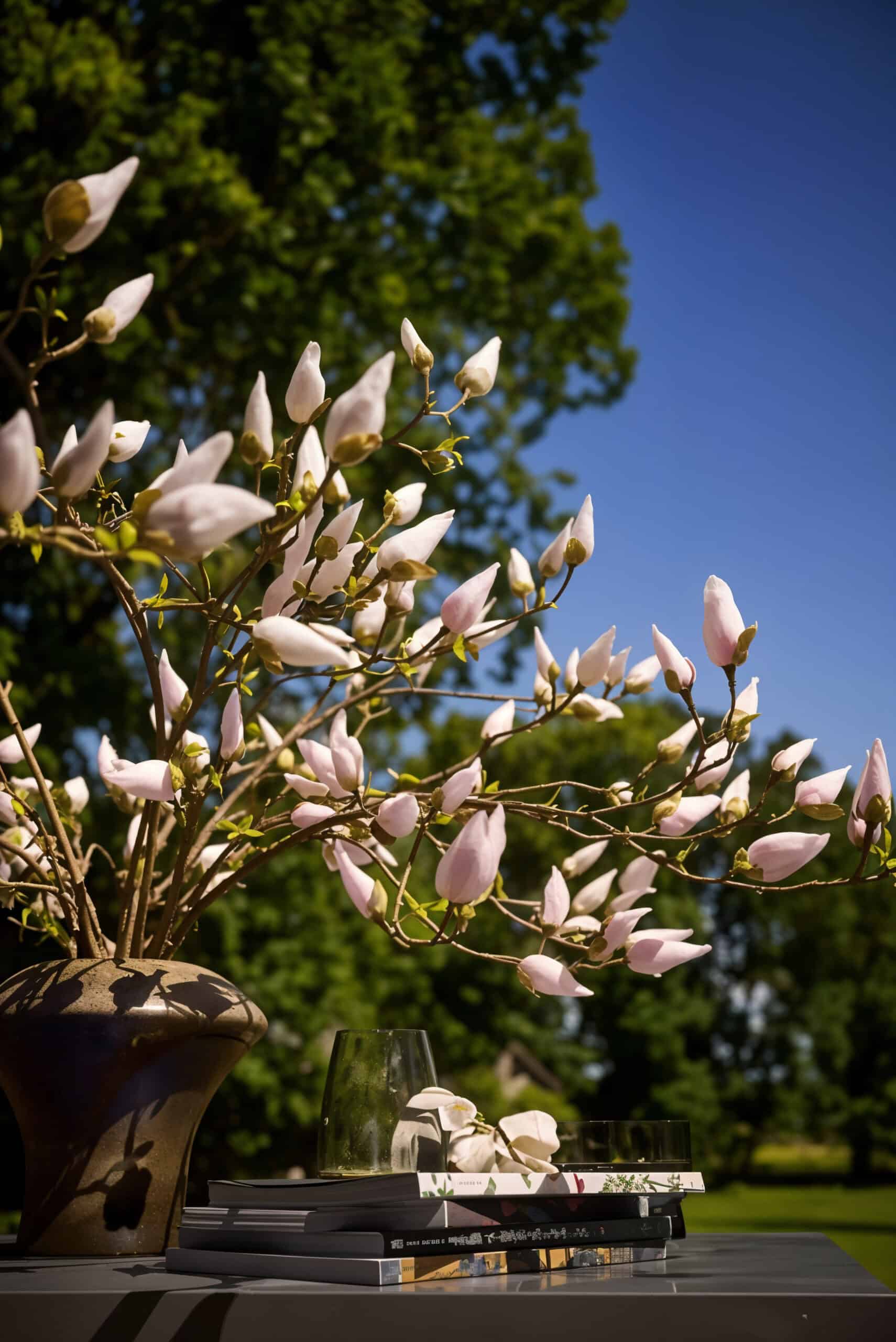 Environmentally friendly silk Magnolia flowers set in a garden in Ibiza