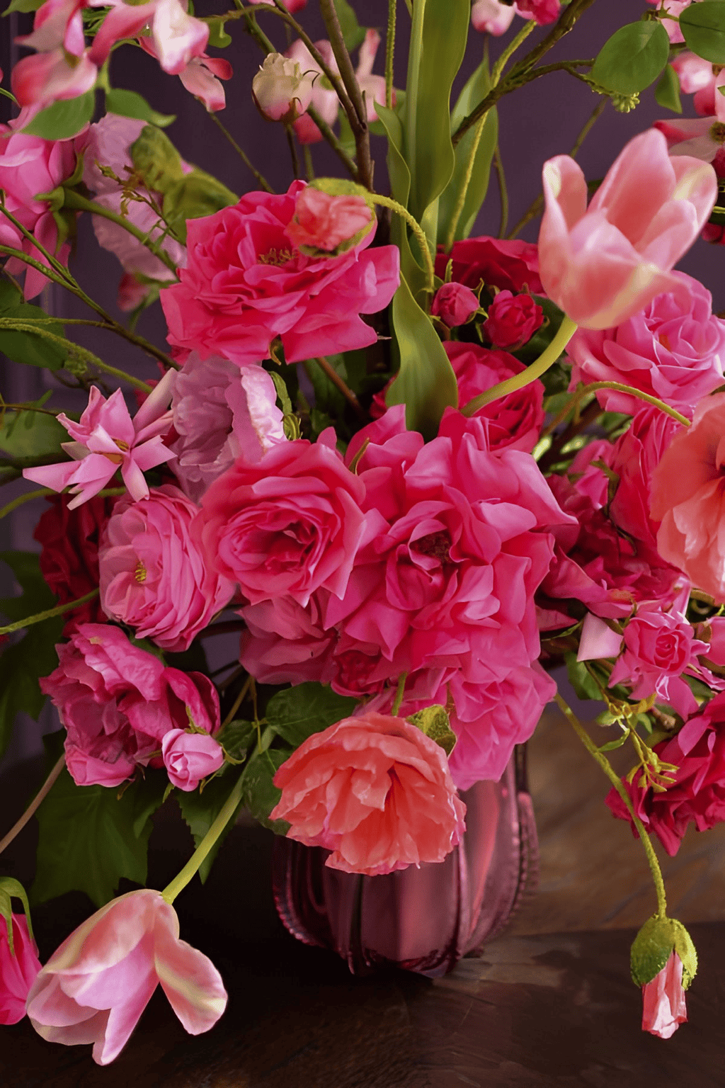 Close-up of Desire Me Roses bouquet highlighting the intricate textures of real touch roses in soft pink hues